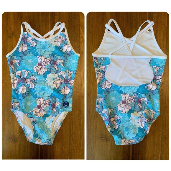 ANCHOR ACTIVE WEAR Floral Gymnastics Leotard Girls 12 CXL Blue Strappy Back Leo - Picture 5 of 5